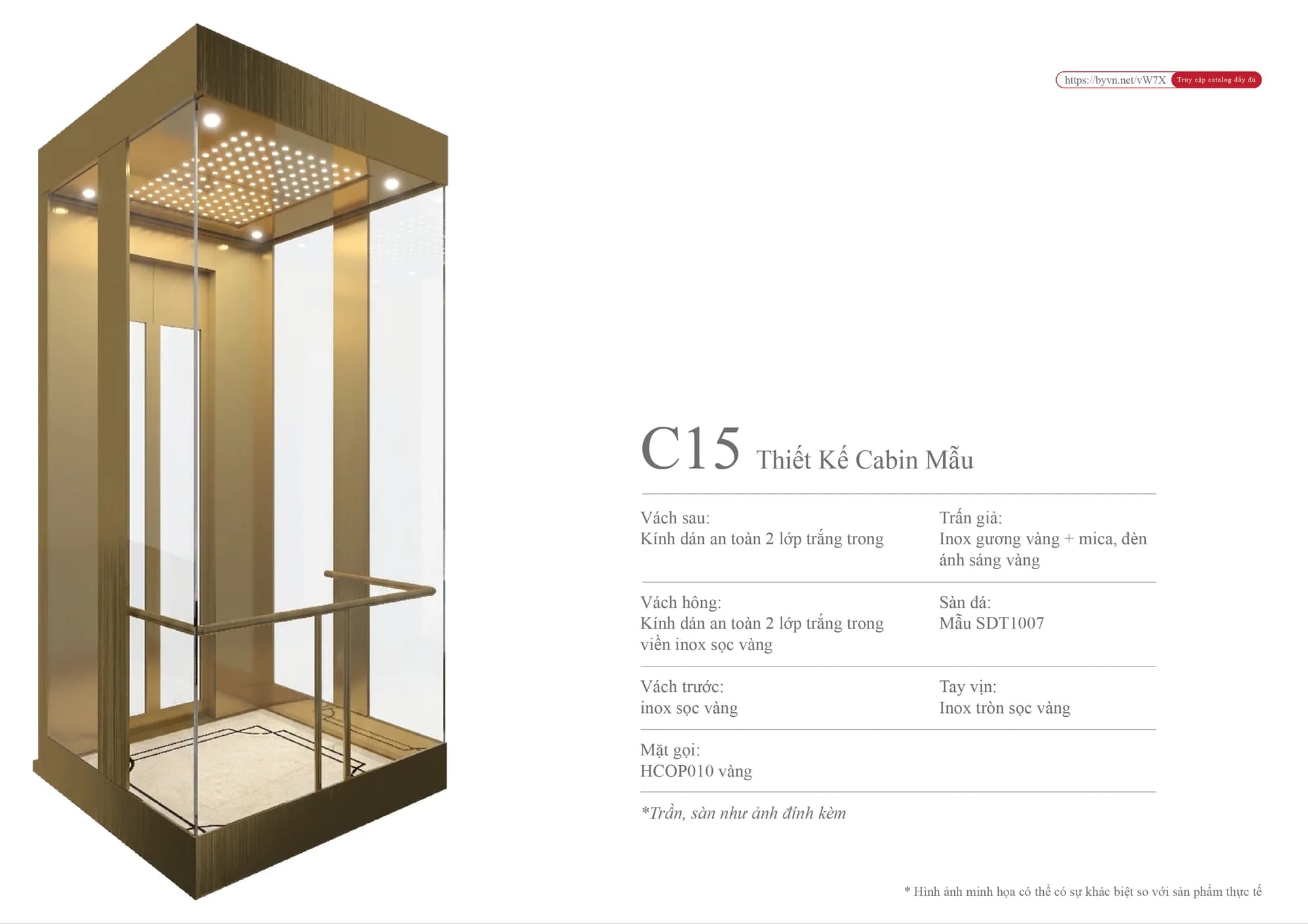 Phối cảnh cabin kính mẫu C15 với chi tiết inox vàng